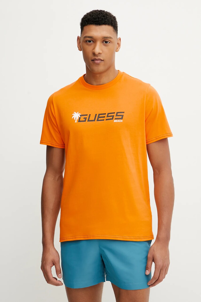 Levně Bavlněné tričko Guess oranžová barva, s potiskem, F5GI06 I3Z14