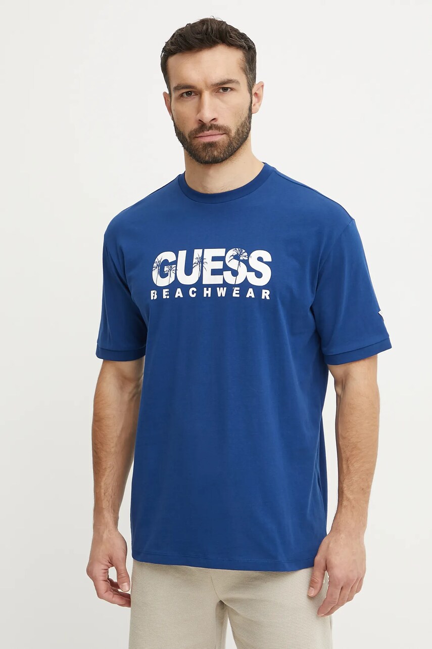 Levně Bavlněné tričko Guess modrá barva, s potiskem, F5GI11 I3Z14