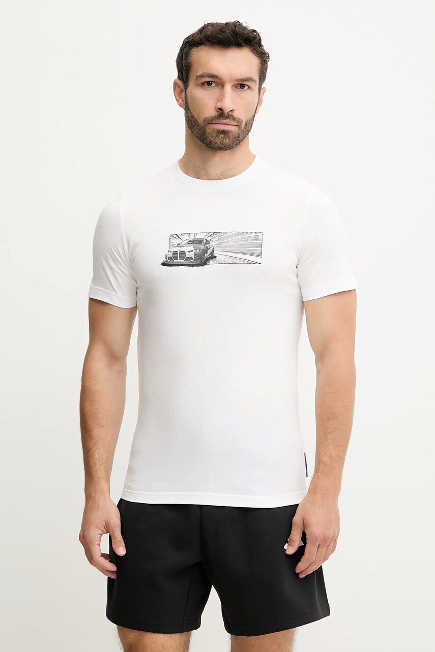 Puma tricou din bumbac BMW MMS CAR culoarea alb, cu imprimeu, 630624