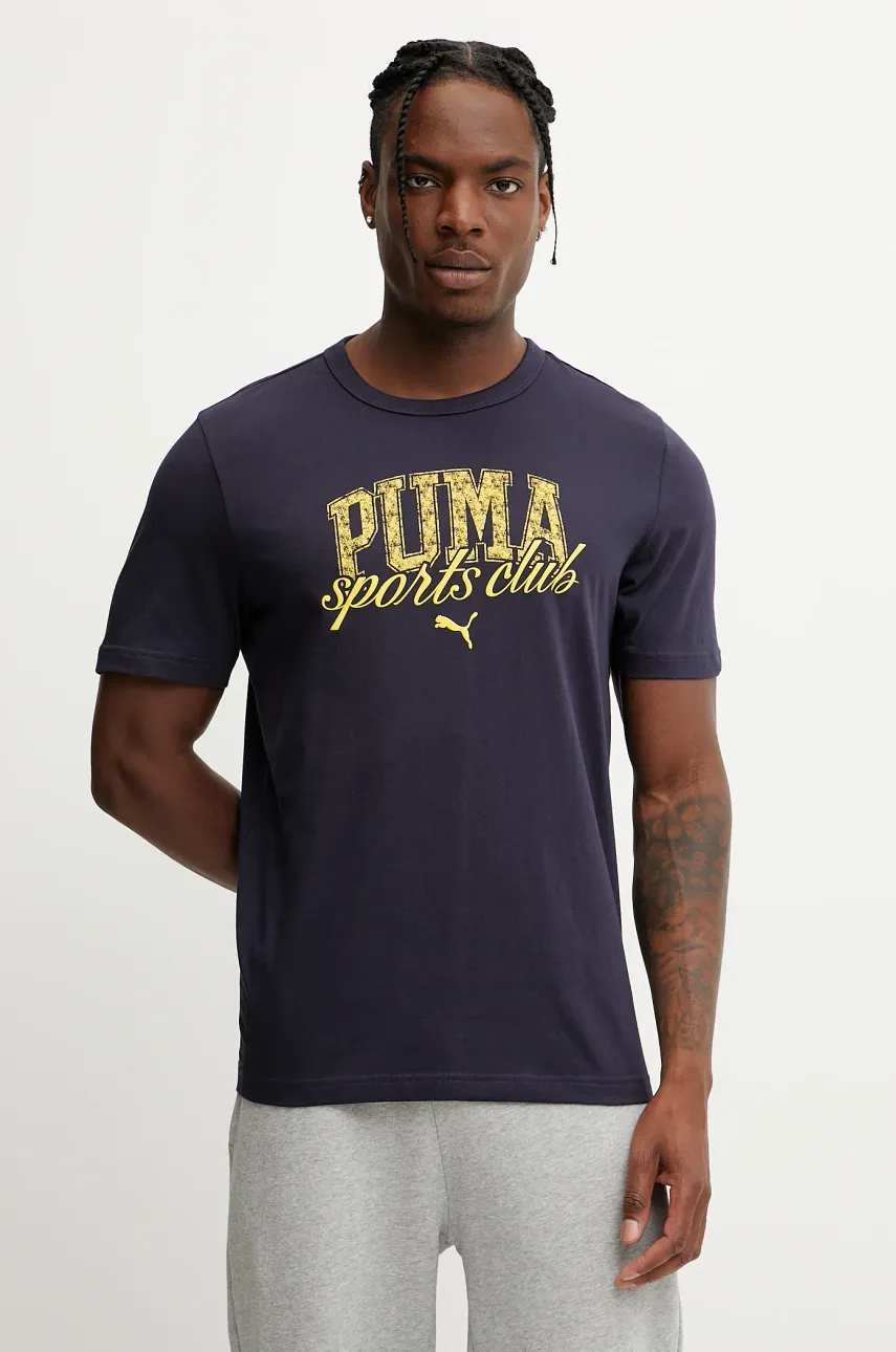 Levně Bavlněné tričko Puma pánské, tmavomodrá barva, s potiskem, 684643