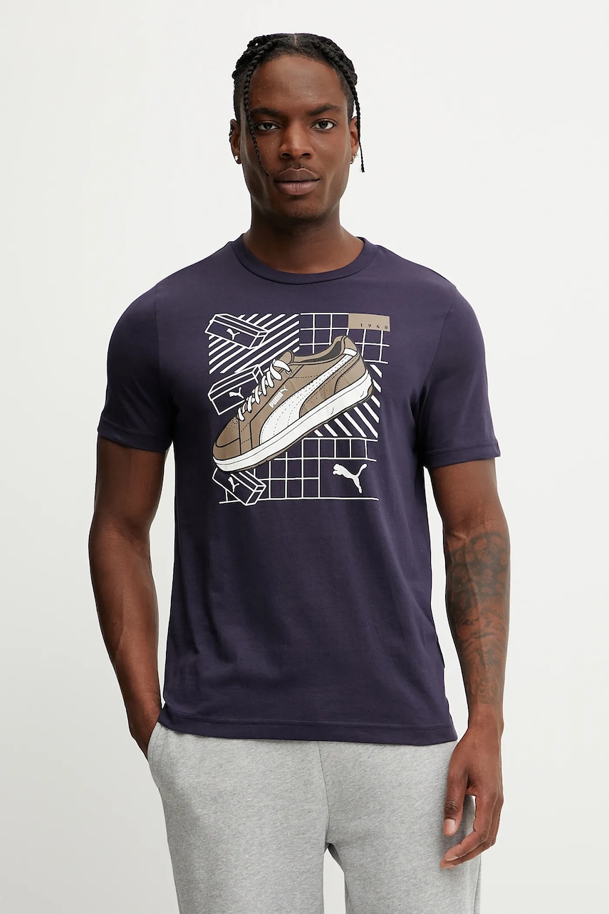 Puma tricou din bumbac GRAPHICS Sneaker culoarea bleumarin, cu imprimeu, 684830