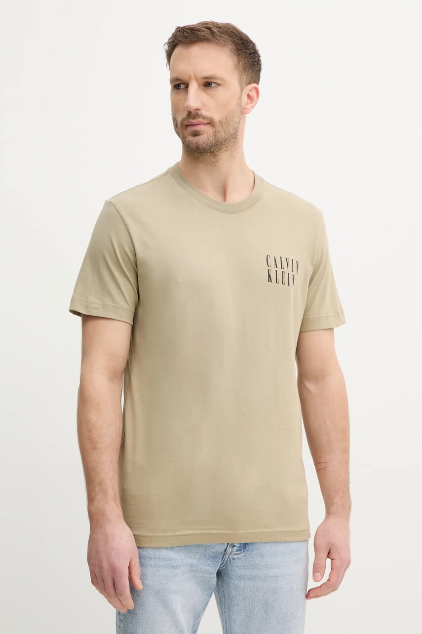 Levně Bavlněné tričko Calvin Klein Jeans béžová barva, s potiskem, J30J327478