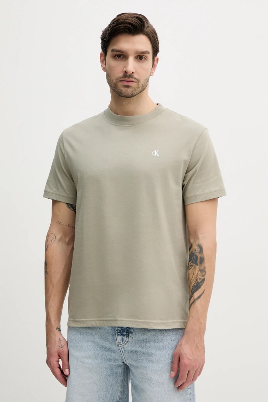 Levně Bavlněné tričko Calvin Klein Jeans béžová barva, s potiskem, J30J327523