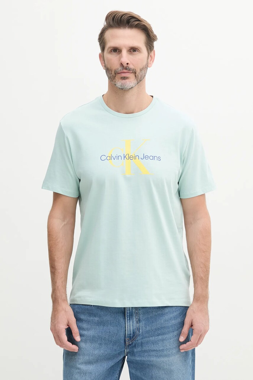 Levně Bavlněné tričko Calvin Klein Jeans tyrkysová barva, s potiskem, LV040EM286