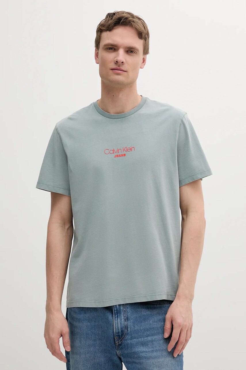 Levně Bavlněné tričko Calvin Klein Jeans zelená barva, s potiskem, LV04RB824G