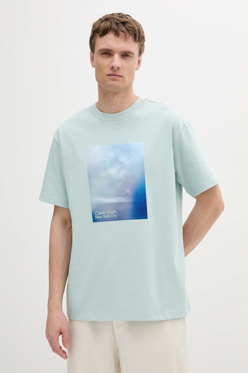 Levně Bavlněné tričko Calvin Klein Jeans pánské, tyrkysová barva, s potiskem, LV04RAB811