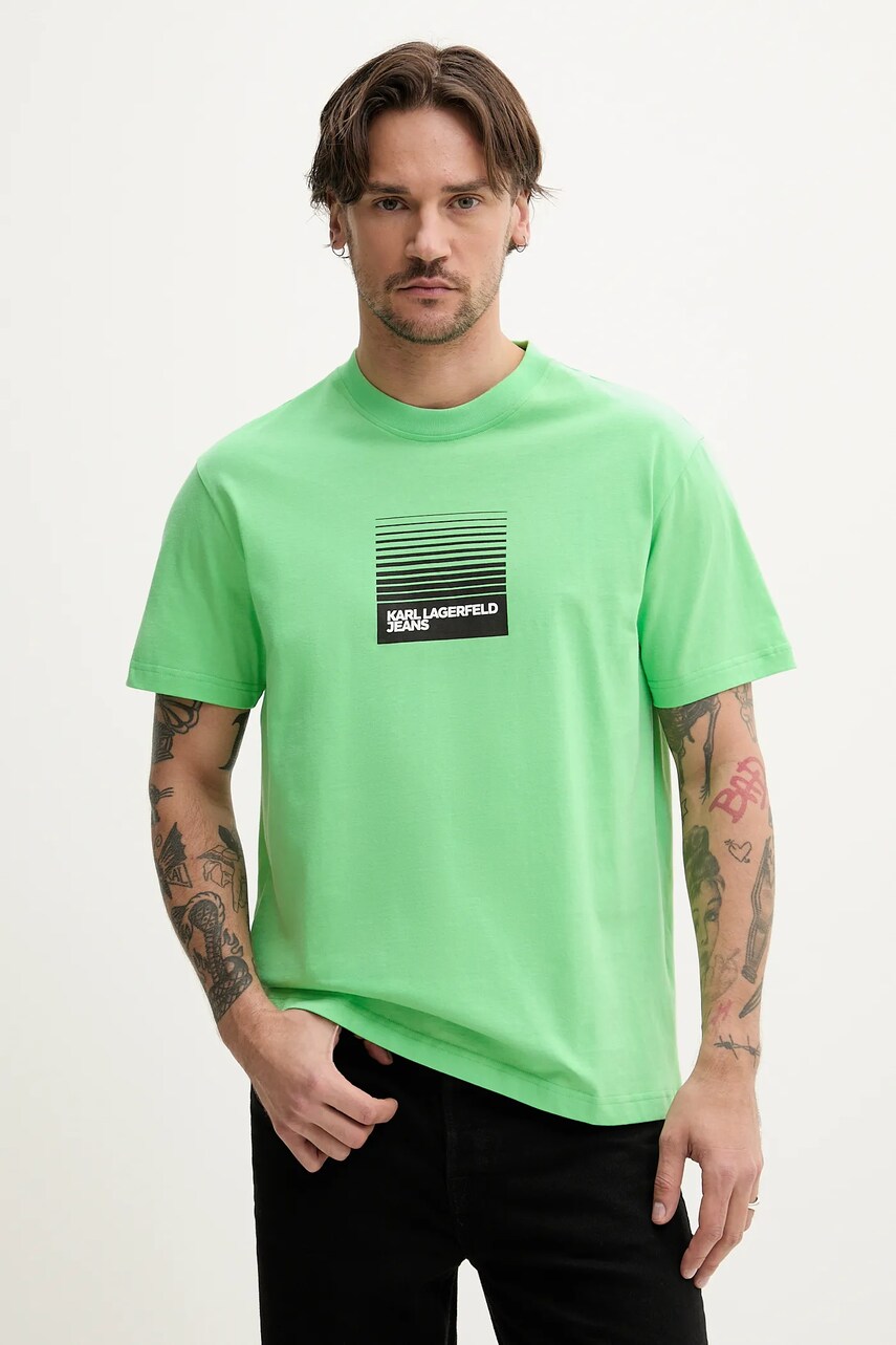 Karl Lagerfeld Jeans tricou din bumbac bărbați, culoarea verde, cu imprimeu, A2M17041
