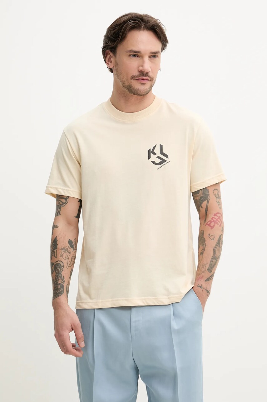 Karl Lagerfeld Jeans tricou barbati, culoarea bej, cu imprimeu, A2M17072