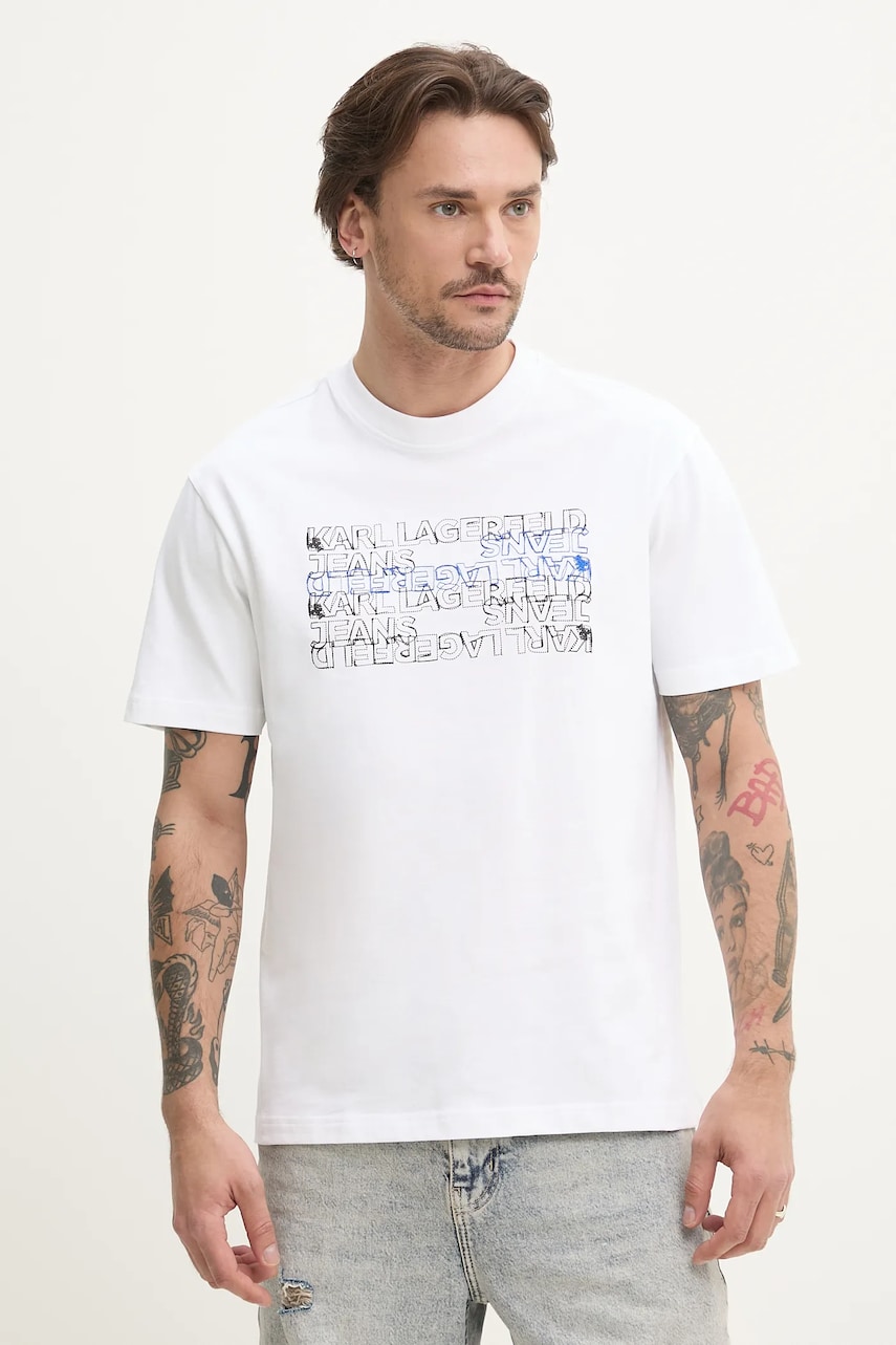 Karl Lagerfeld Jeans tricou din bumbac barbati, culoarea alb, cu imprimeu, A2M17038