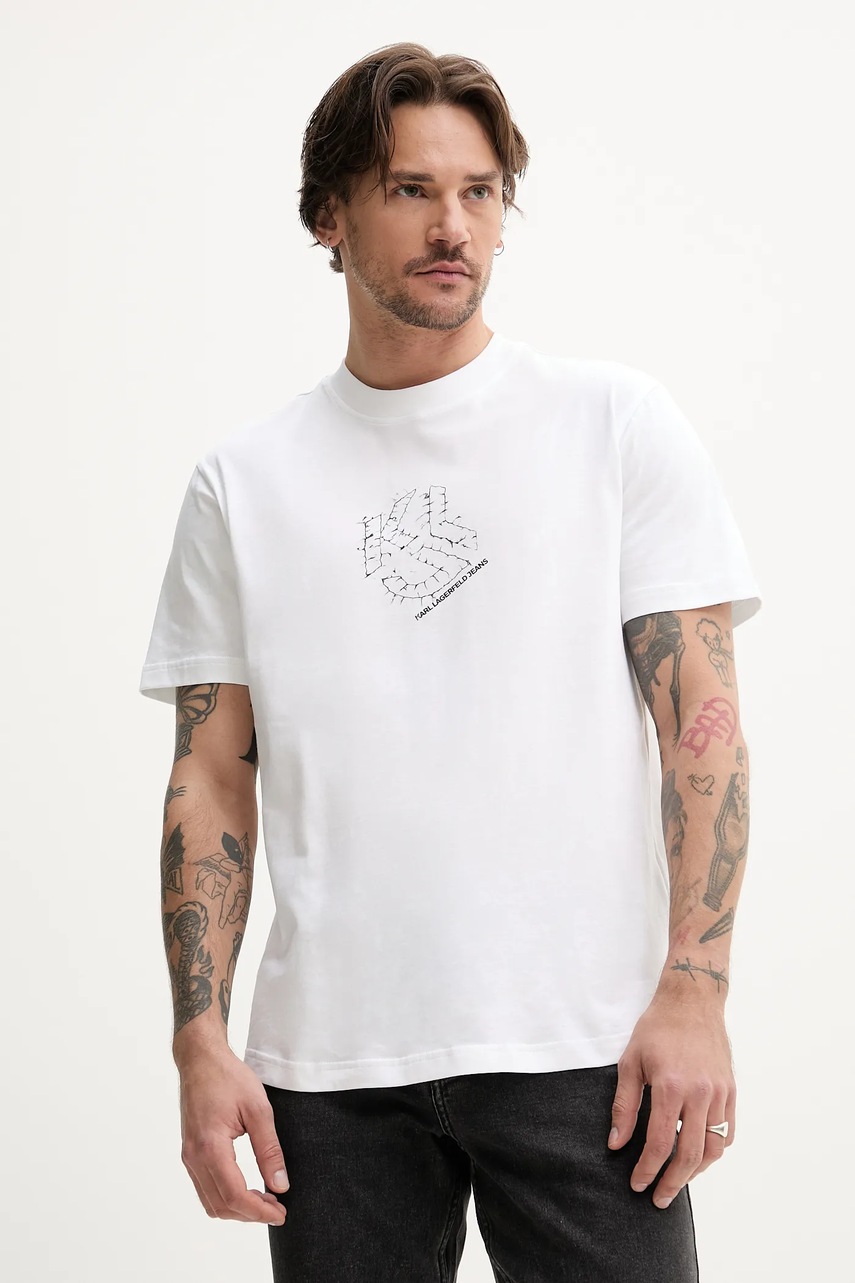 Karl Lagerfeld Jeans tricou din bumbac barbati, culoarea alb, cu imprimeu, A2M17073