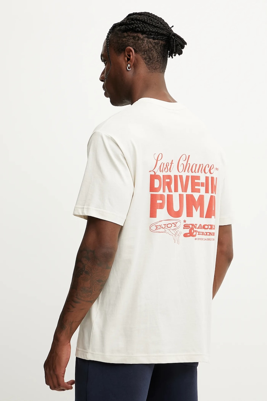 Puma tricou din bumbac culoarea bej, cu imprimeu, 629633 Puma tricou din bumbac culoarea bej, cu imprimeu, 629633