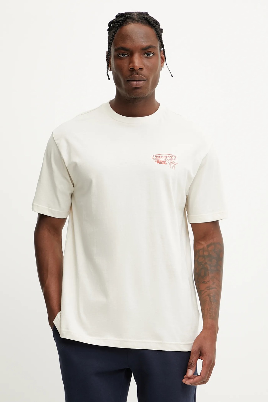 Хлопковая футболка Puma цвет бежевый с принтом 629633