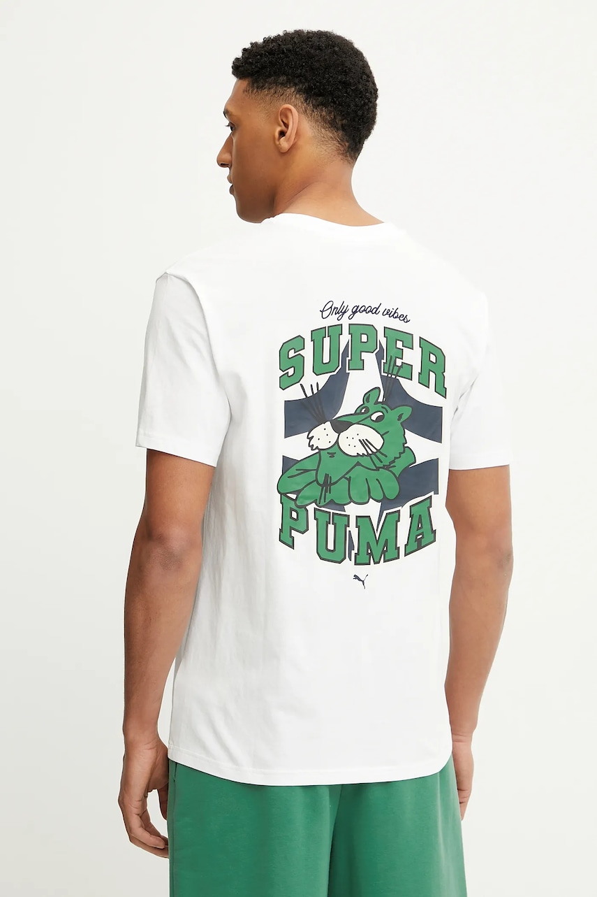 Puma tricou din bumbac culoarea alb, cu imprimeu, 629639 Puma tricou din bumbac culoarea alb, cu imprimeu, 629639
