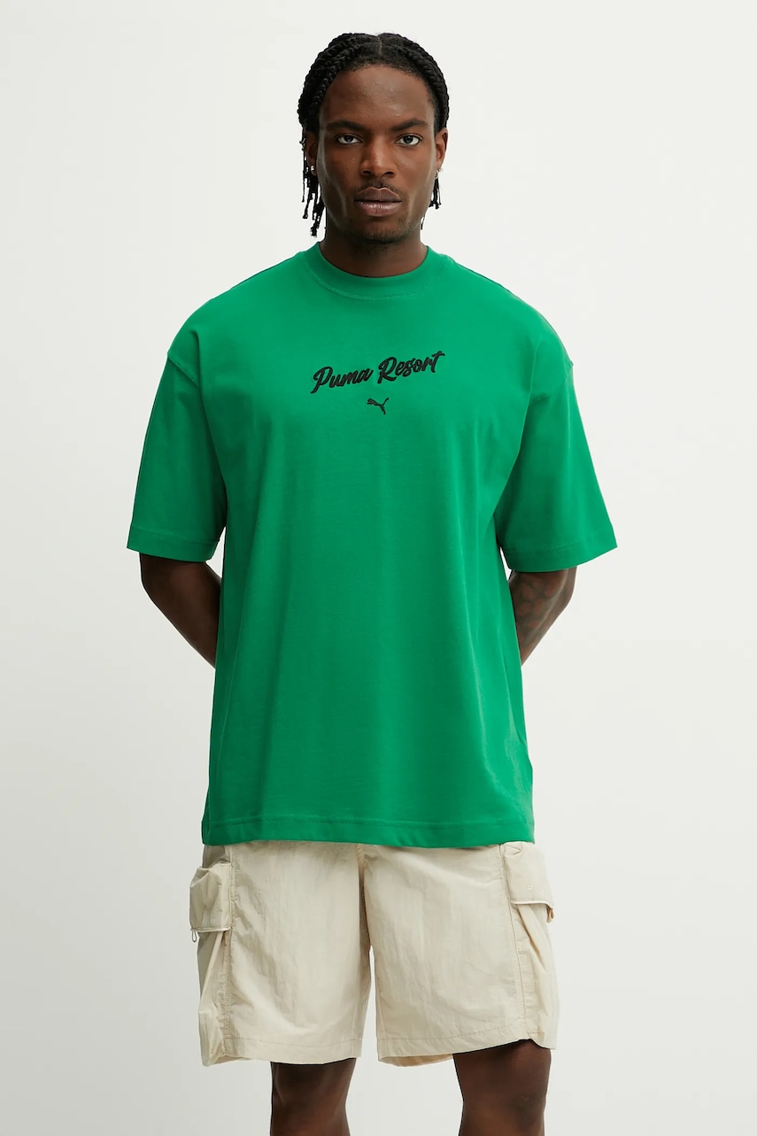 Puma tricou din bumbac culoarea verde, cu imprimeu, 629666