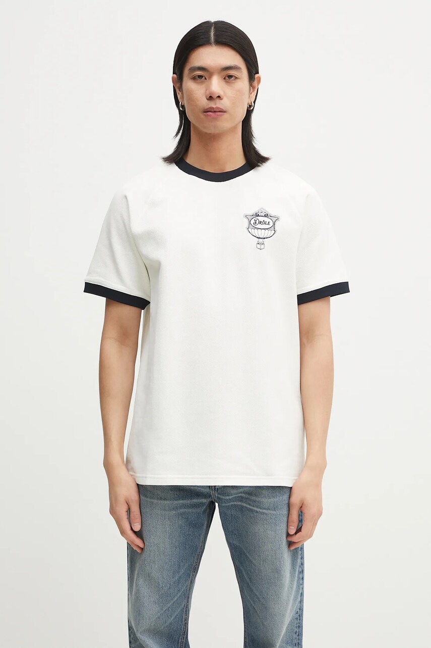 Drôle de Monsieur tricou din bumbac Le T-Shirt Pique Drule Cup barbati, culoarea alb, cu imprimeu, G-TS251-CO162-OW