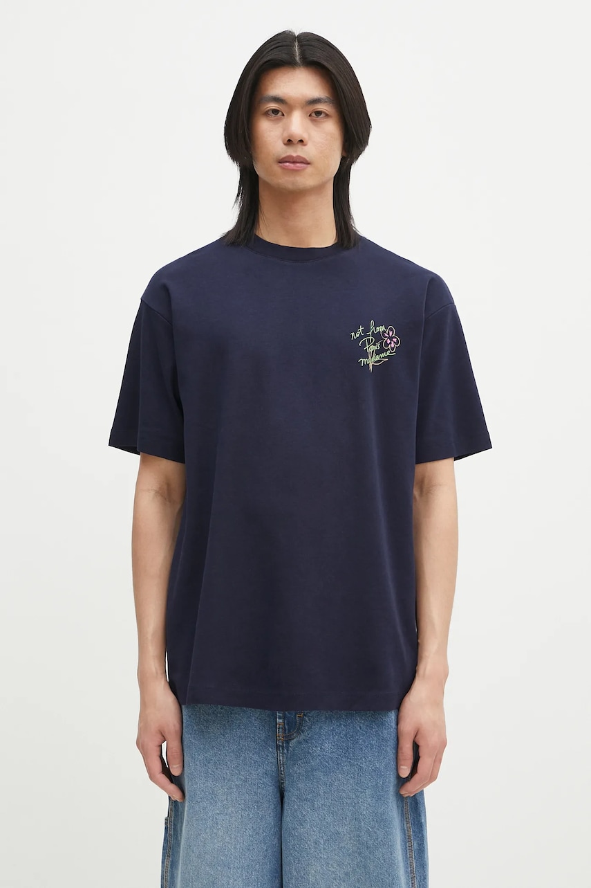 Drôle de Monsieur tricou din bumbac Le T-Shirt Slogan Esquisse barbati, culoarea bleumarin, cu imprimeu, G-TS188-CO002-NY