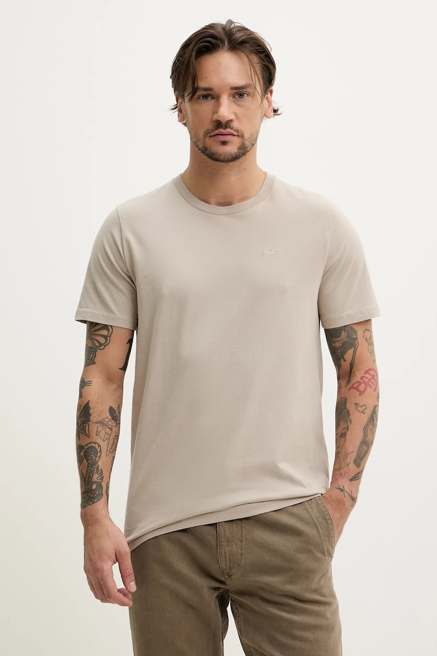 Hollister Co. tricou din bumbac barbati, culoarea bej, neted, KI324-5145 Hollister Co. tricou din bumbac barbati, culoarea bej, neted, KI324-5145