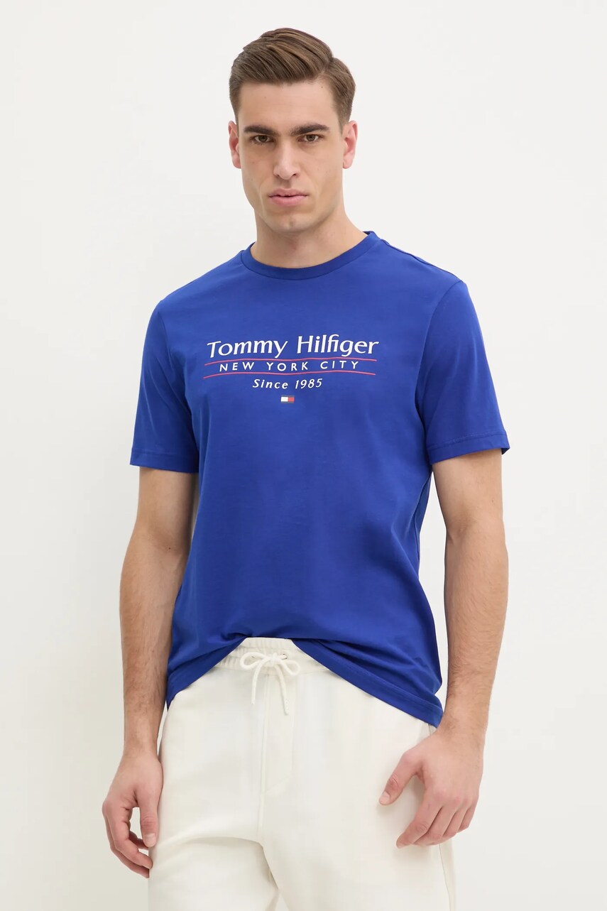 Levně Bavlněné tričko Tommy Hilfiger modrá barva, s potiskem, MW0MW38621
