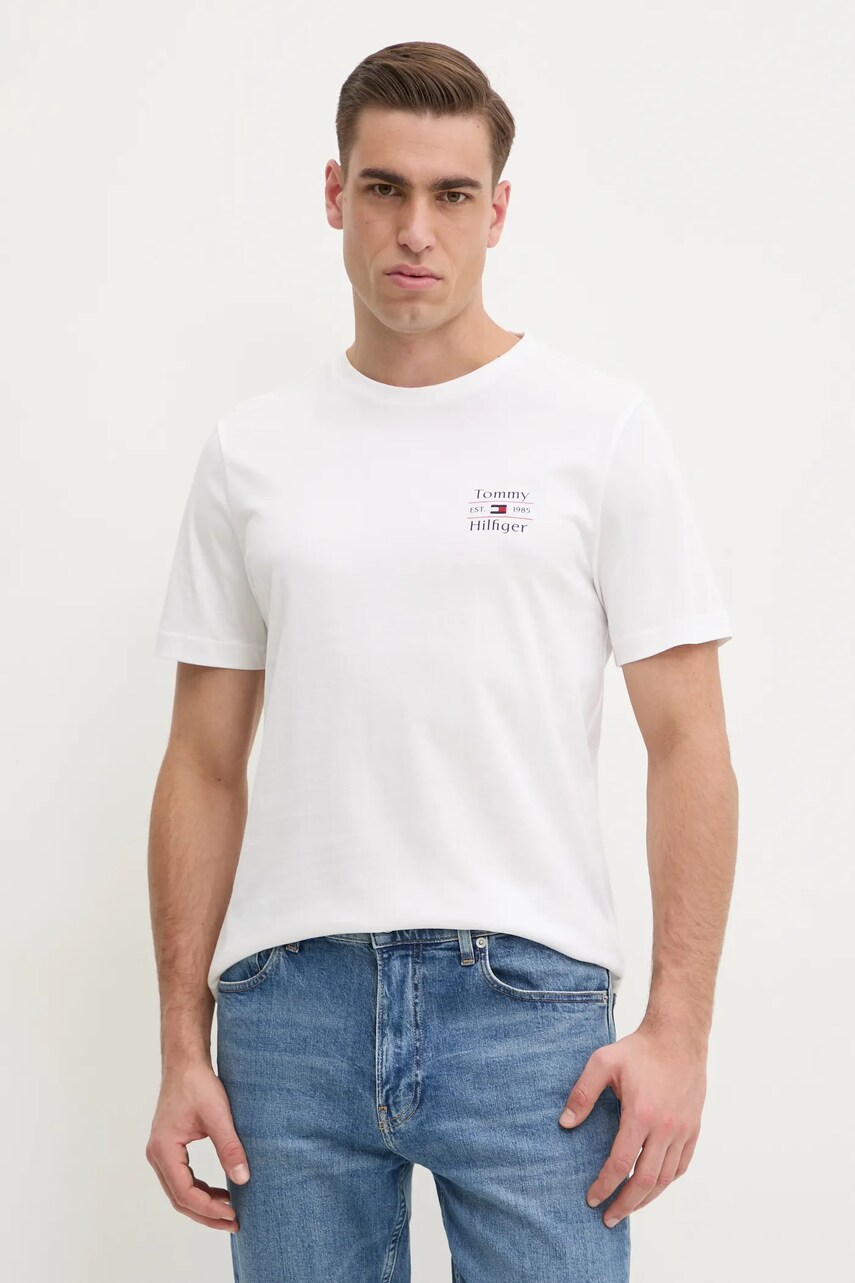 Levně Bavlněné tričko Tommy Hilfiger bílá barva, s potiskem, MW0MW38622