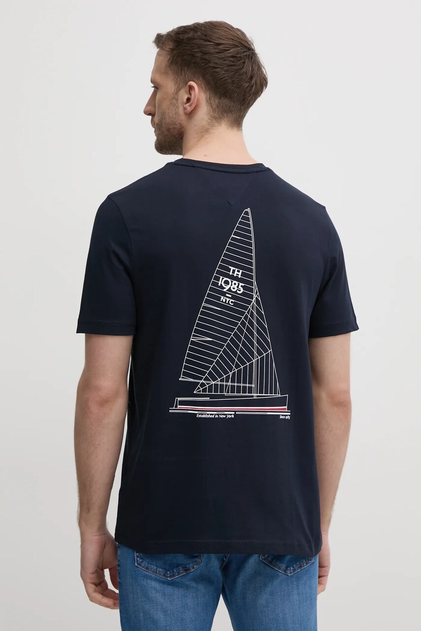 Levně Bavlněné tričko Tommy Hilfiger tmavomodrá barva, s potiskem, MW0MW38614