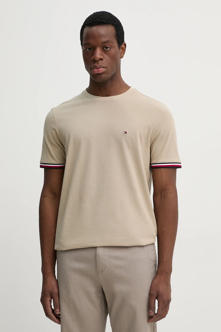 Levně Bavlněné tričko Tommy Hilfiger béžová barva, MW0MW38630