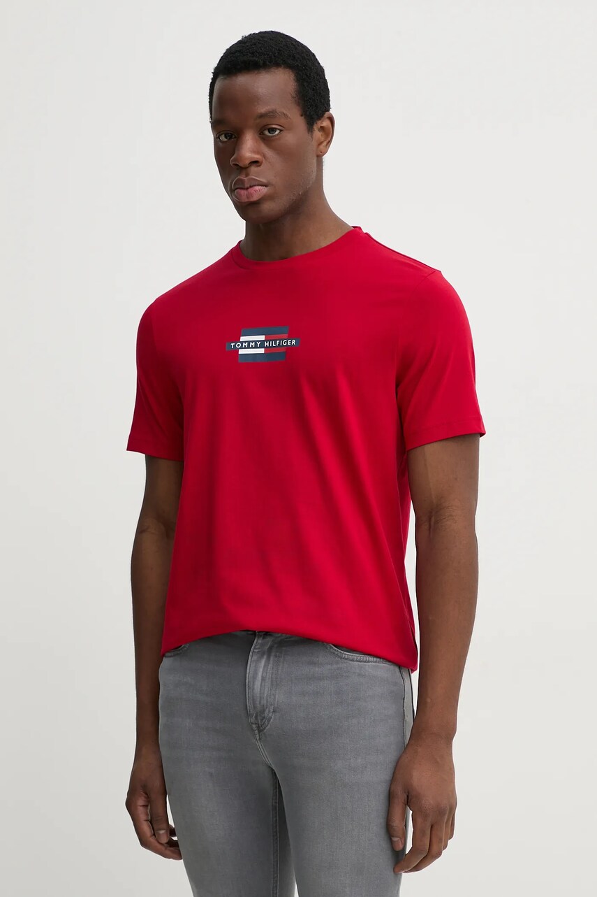 Levně Bavlněné tričko Tommy Hilfiger červená barva, s potiskem, MW0MW38636