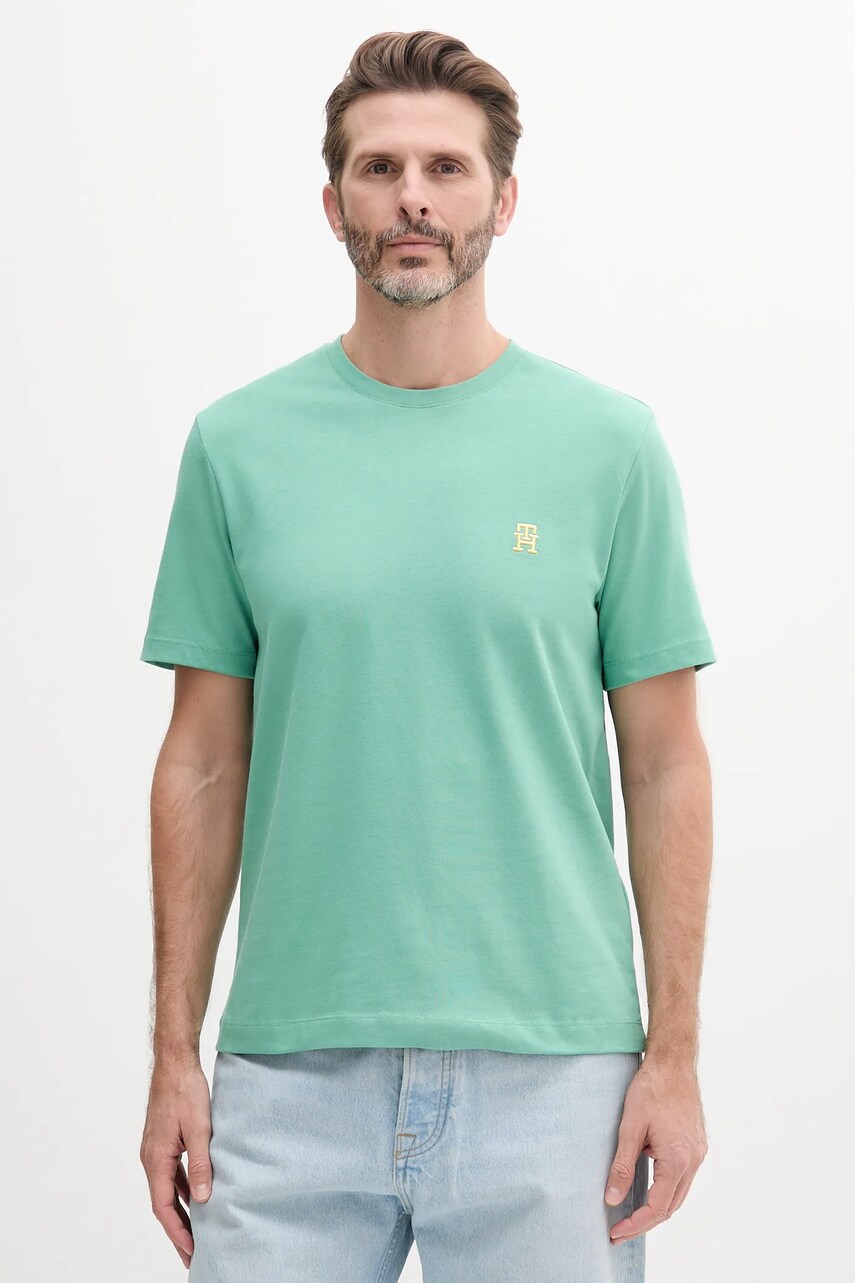 Levně Bavlněné tričko Tommy Hilfiger zelená barva, s aplikací, MW0MW39256