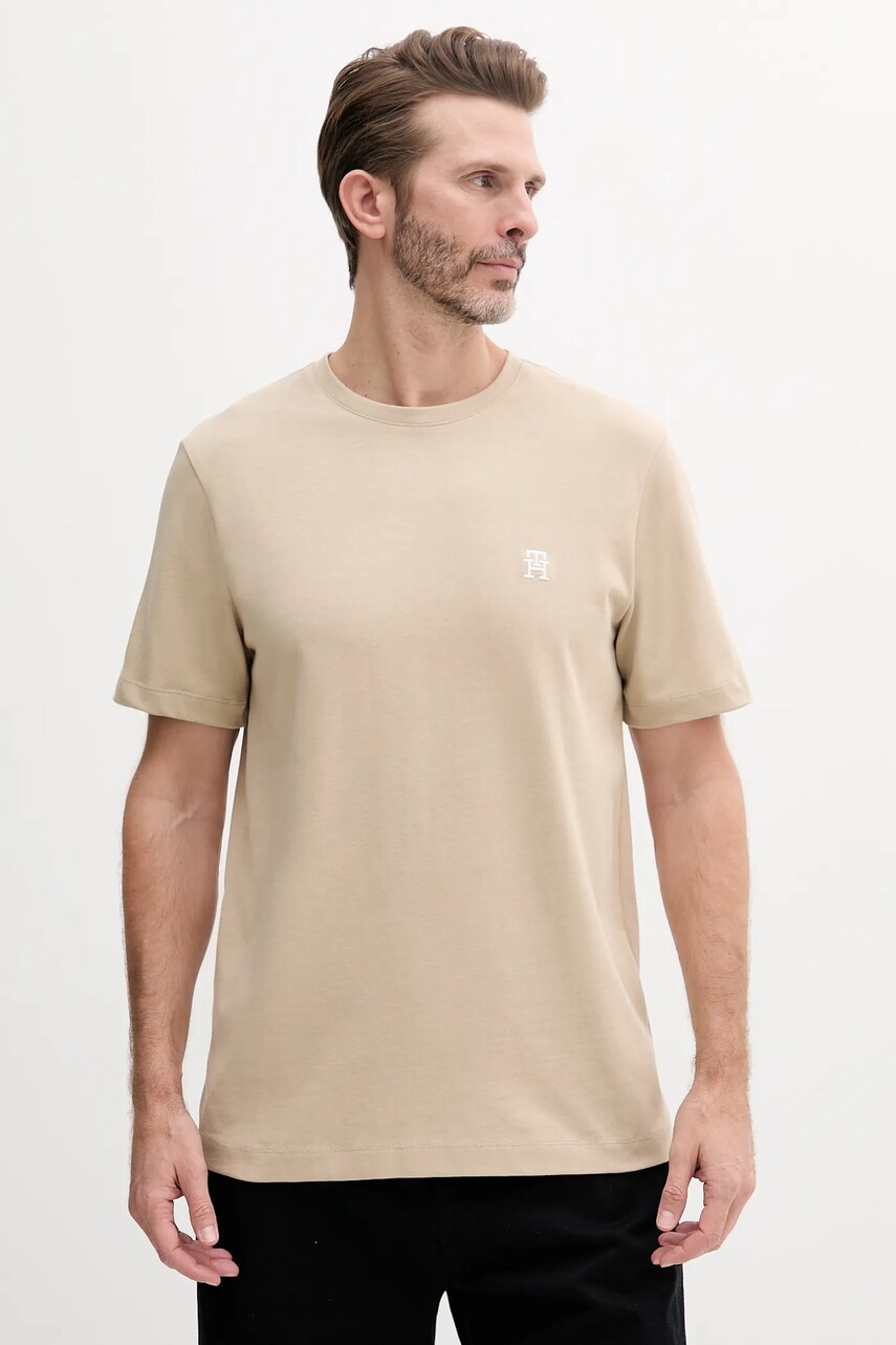 Levně Bavlněné tričko Tommy Hilfiger béžová barva, s aplikací, MW0MW39256