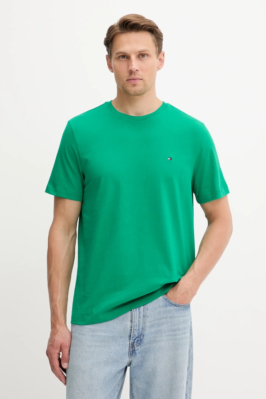 Levně Bavlněné tričko Tommy Hilfiger zelená barva, MW0MW39995