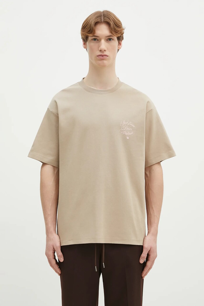 Drôle de Monsieur tricou din bumbac Le T-Shirt Slogan Vignes bărbați, culoarea bej, cu imprimeu, F-TS226-CO002-BG