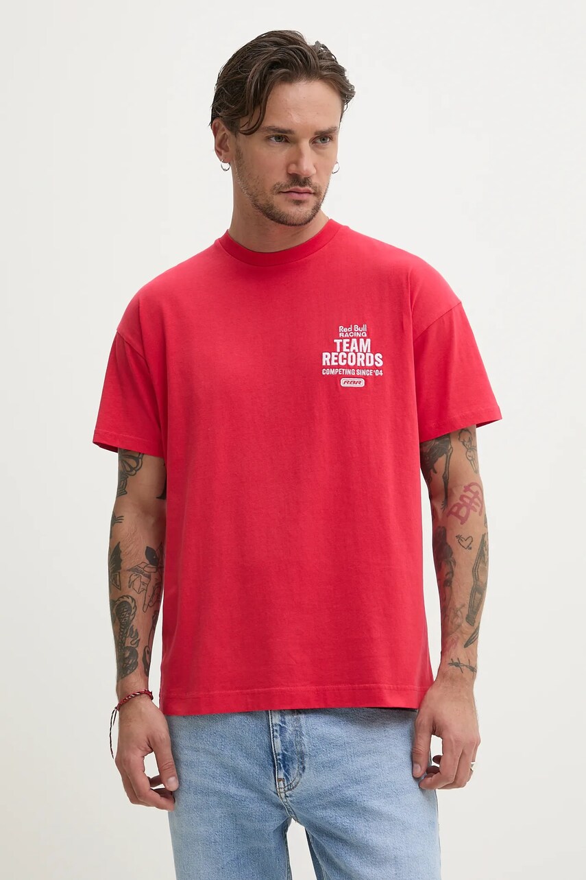 Red Bull Racing x Pepe Jeans tricou din bumbac TEAM RECORDS TEE barbati, culoarea rosu, cu imprimeu, RM500010