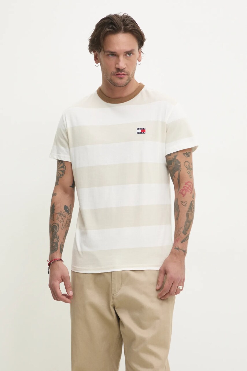 Tommy Jeans tricou din bumbac barbati, culoarea bej, modelator, DM0DM20766