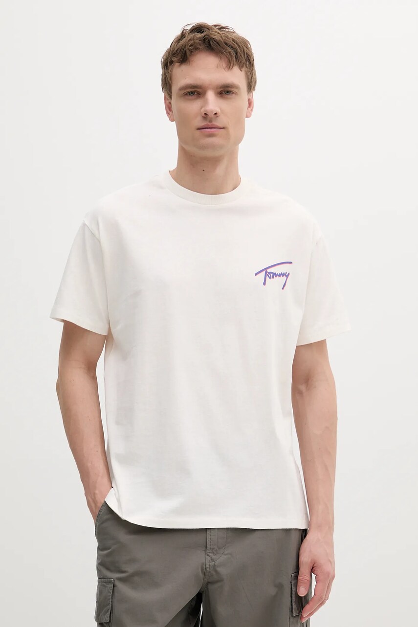 Tommy Jeans tricou din bumbac culoarea bej, cu imprimeu, DM0DM20768