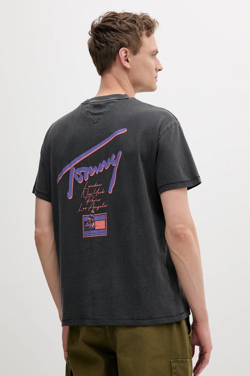 Tommy Jeans tricou din bumbac culoarea gri, cu imprimeu, DM0DM20768