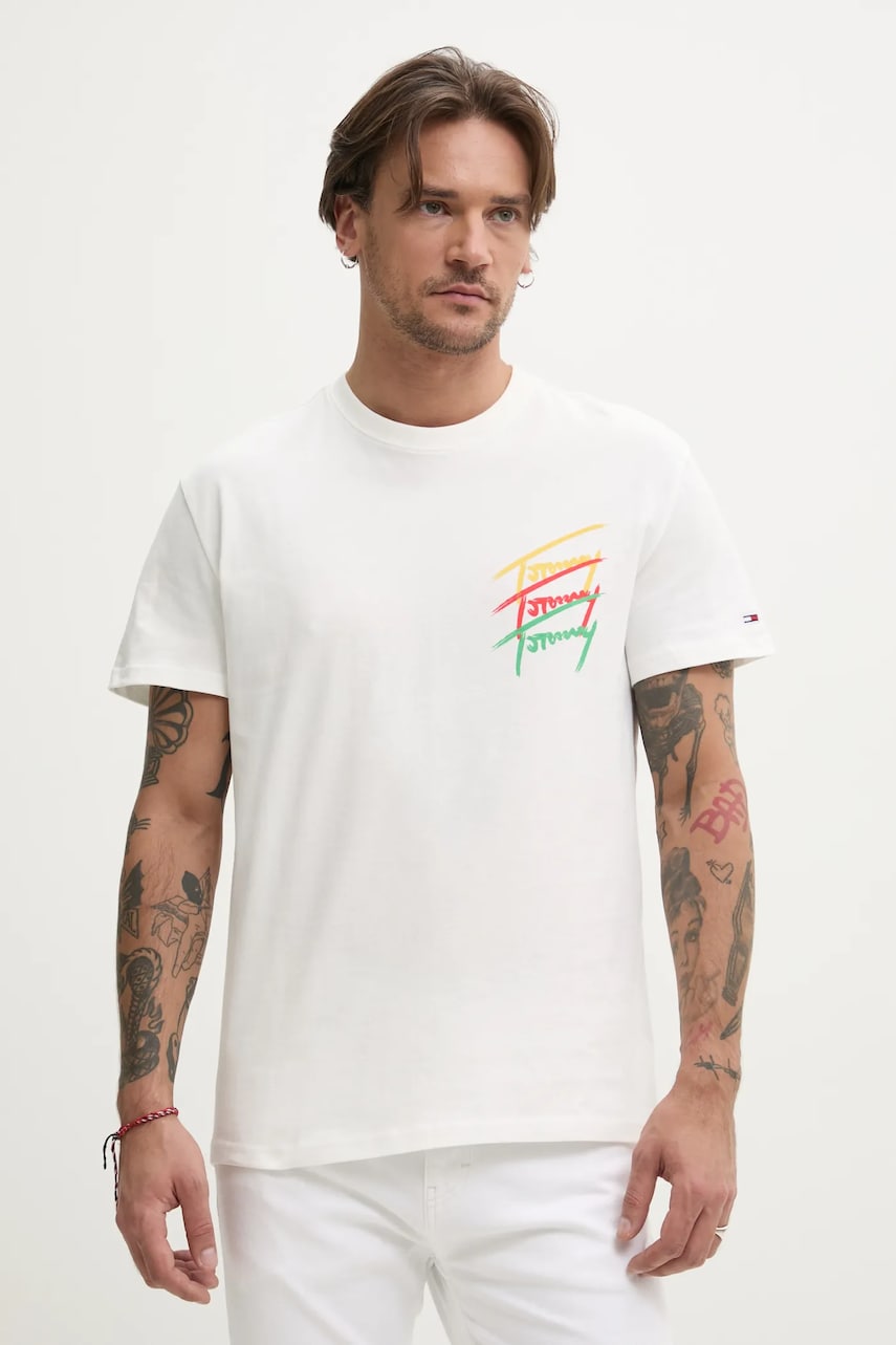 Tommy Jeans tricou din bumbac barbati, culoarea alb, cu imprimeu, DM0DM20771 Tommy Jeans tricou din bumbac barbati, culoarea alb, cu imprimeu, DM0DM20771