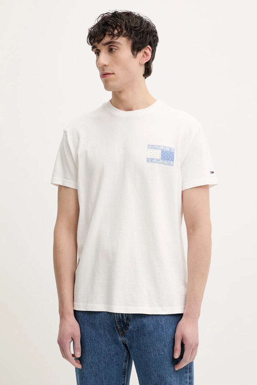 Tommy Jeans tricou din bumbac barbati, culoarea alb, cu imprimeu, DM0DM20774