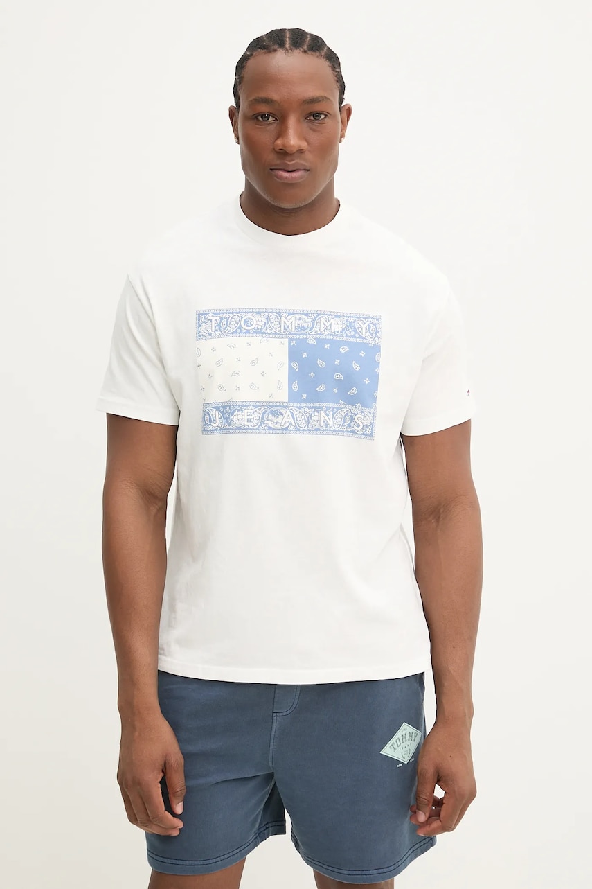 Tommy Jeans tricou din bumbac bărbați, culoarea alb, cu imprimeu, DM0DM20810 Tommy Jeans tricou din bumbac bărbați, culoarea alb, cu imprimeu, DM0DM20810