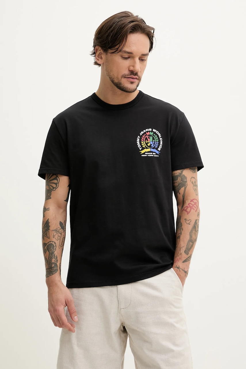 Tommy Jeans tricou din bumbac barbati, culoarea negru, cu imprimeu, DM0DM20813
