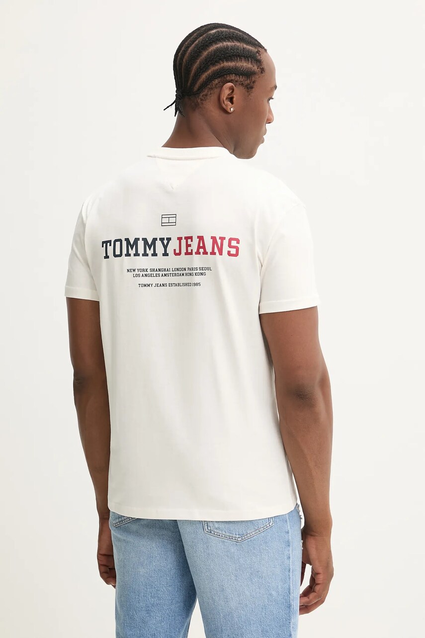 Tommy Jeans tricou din bumbac bărbați, culoarea bej, cu imprimeu, DM0DM20815