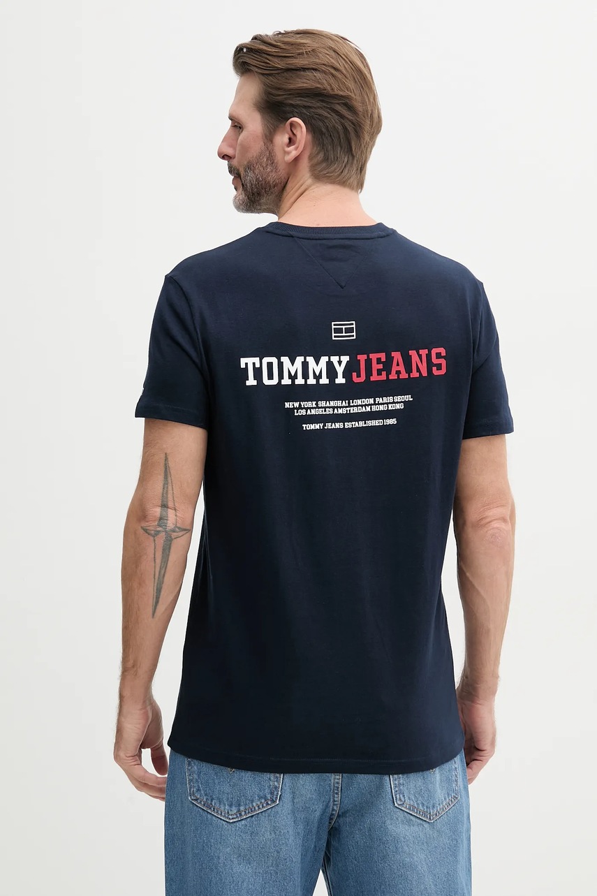 Tommy Jeans tricou din bumbac bărbați, culoarea bleumarin, cu imprimeu, DM0DM20815
