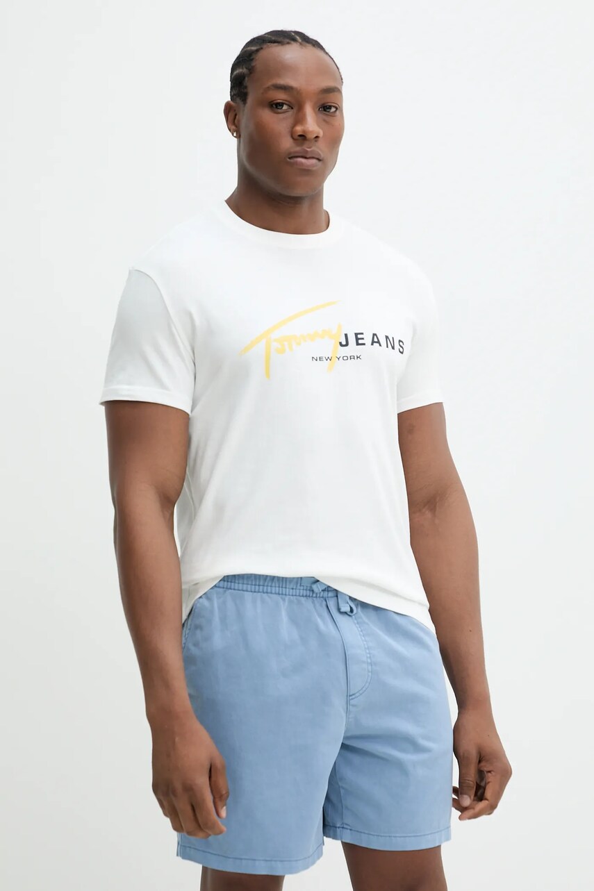 Tommy Jeans tricou din bumbac barbati, culoarea bej, cu imprimeu, DM0DM20817