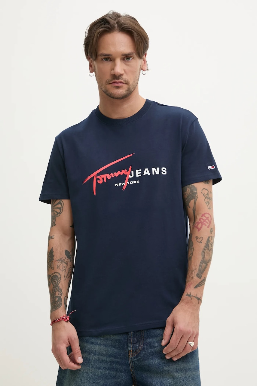 Tommy Jeans tricou din bumbac barbati, culoarea albastru marin, cu imprimeu, DM0DM20817