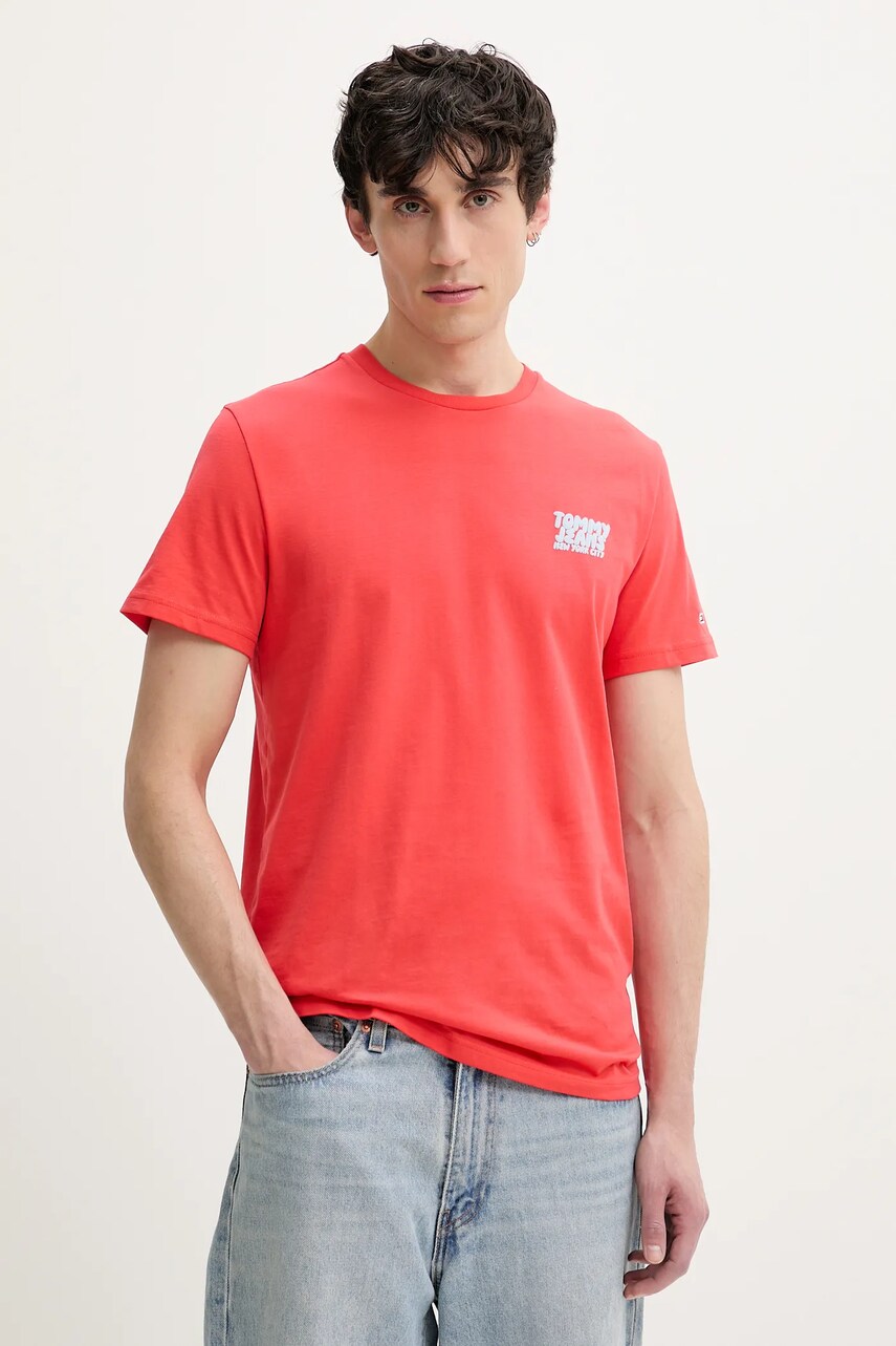 Tommy Jeans tricou din bumbac barbati, culoarea portocaliu, neted, DM0DM21863