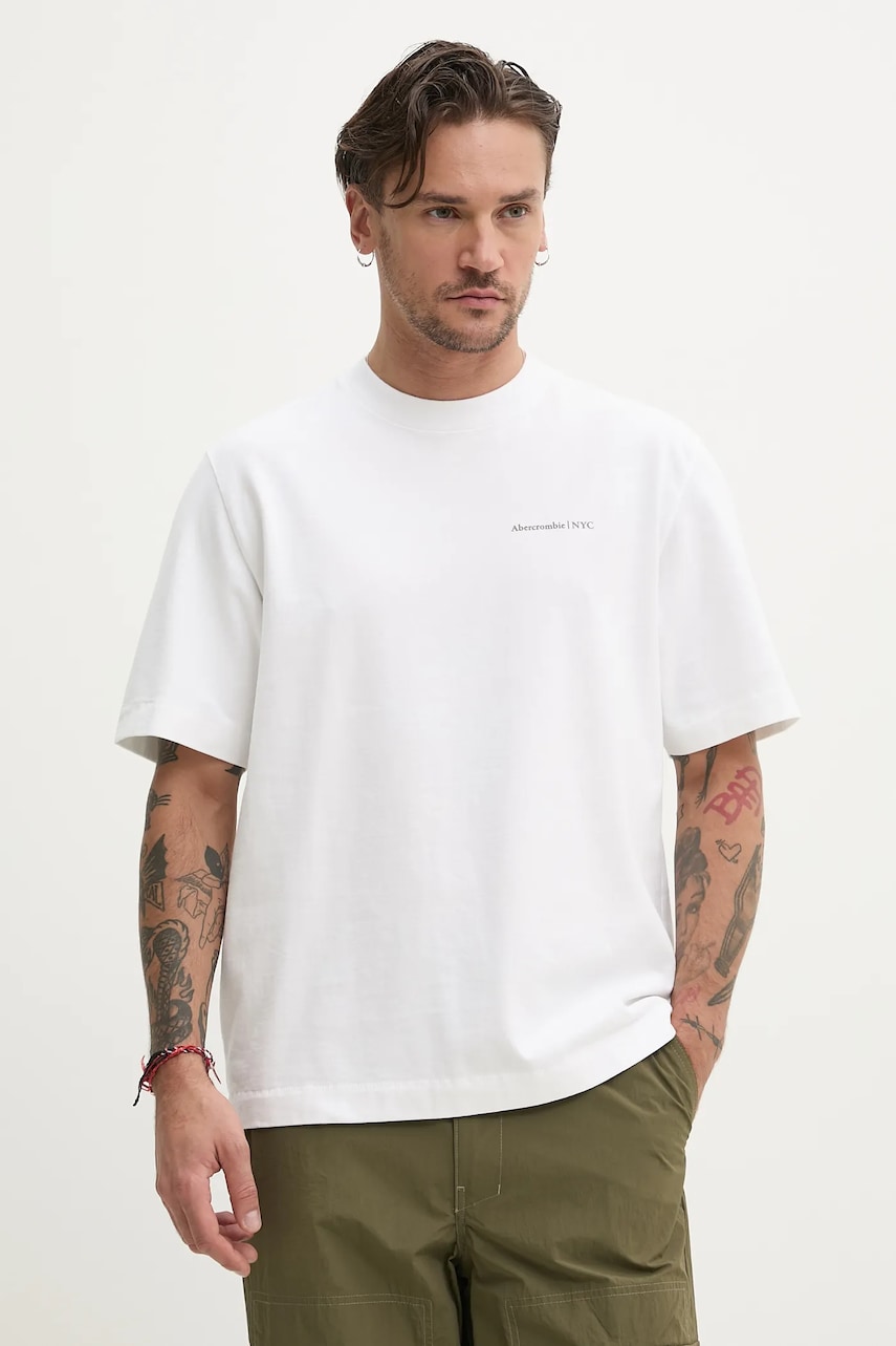 Abercrombie & Fitch tricou din bumbac bărbați, culoarea alb, uni, KI123-5017 Abercrombie & Fitch tricou din bumbac bărbați, culoarea alb, uni, KI123-5017