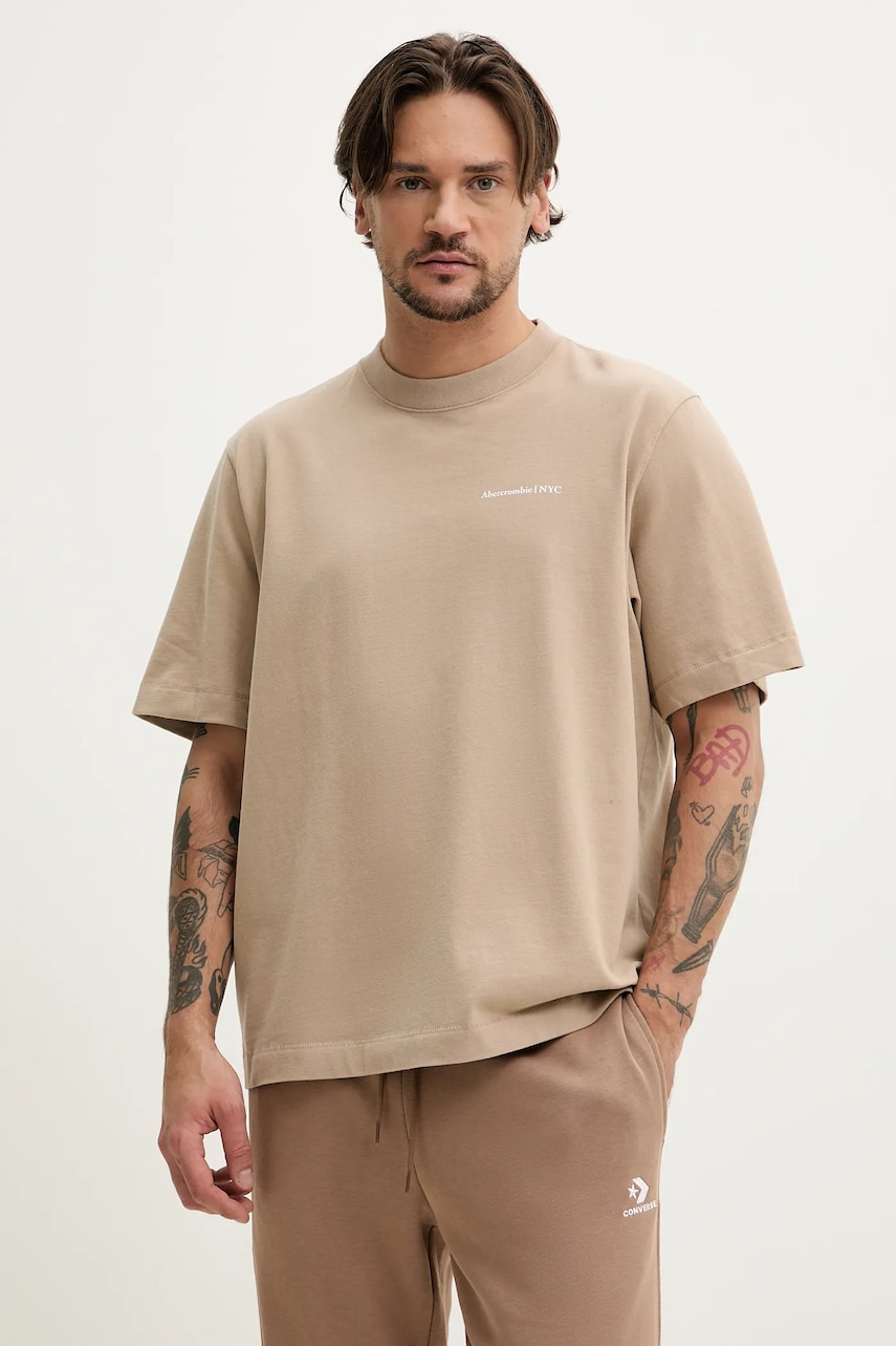 Abercrombie & Fitch tricou din bumbac barbati, culoarea bej, cu imprimeu, KI123-5017 Abercrombie & Fitch tricou din bumbac barbati, culoarea bej, cu imprimeu, KI123-5017