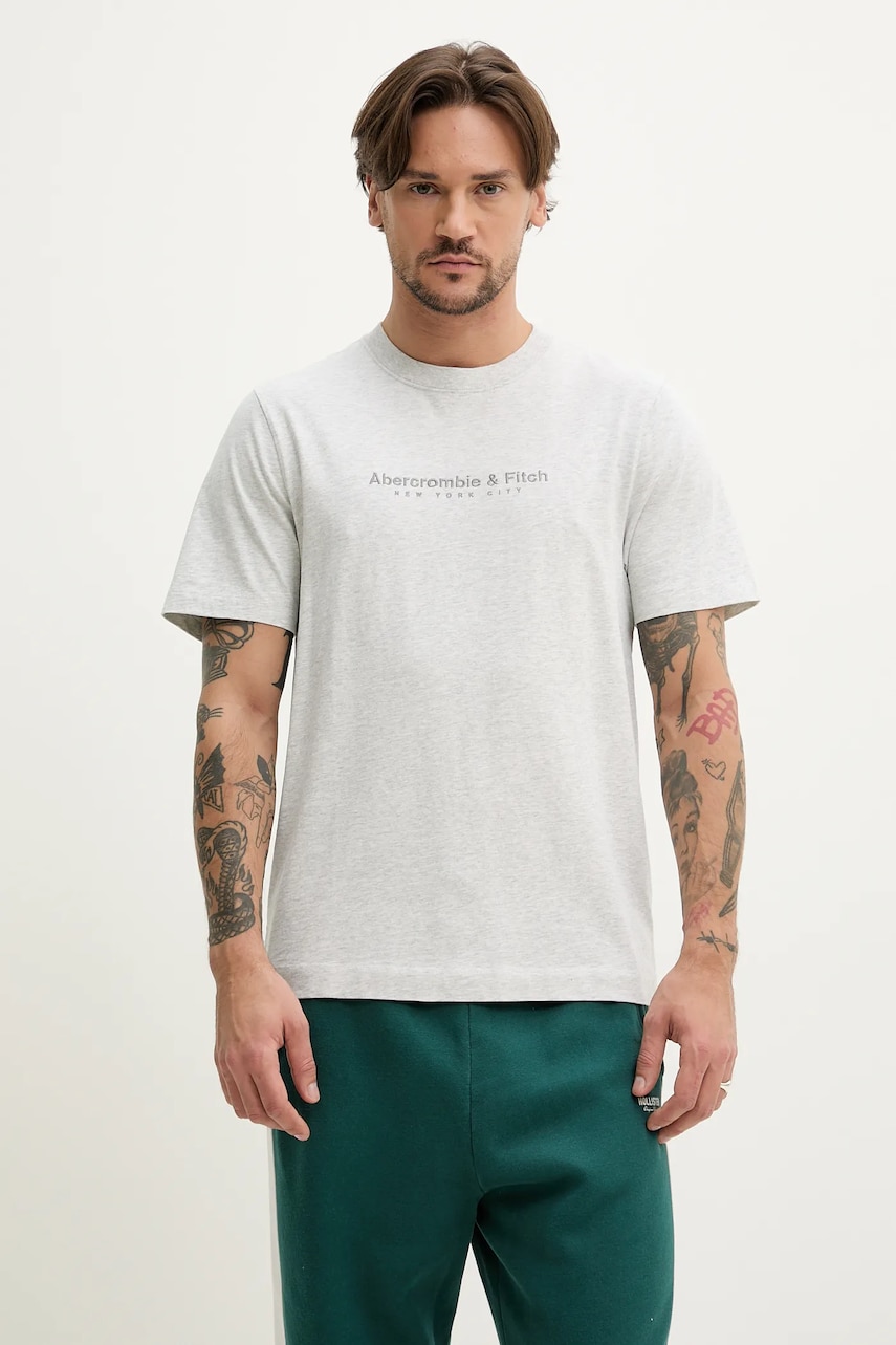 Abercrombie & Fitch tricou din bumbac barbati, culoarea gri, cu imprimeu, KI175-5130 Abercrombie & Fitch tricou din bumbac barbati, culoarea gri, cu imprimeu, KI175-5130