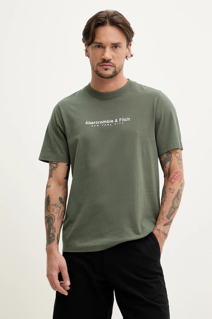 Abercrombie & Fitch tricou din bumbac barbati, culoarea verde, cu imprimeu, KI175-5130 Abercrombie & Fitch tricou din bumbac barbati, culoarea verde, cu imprimeu, KI175-5130