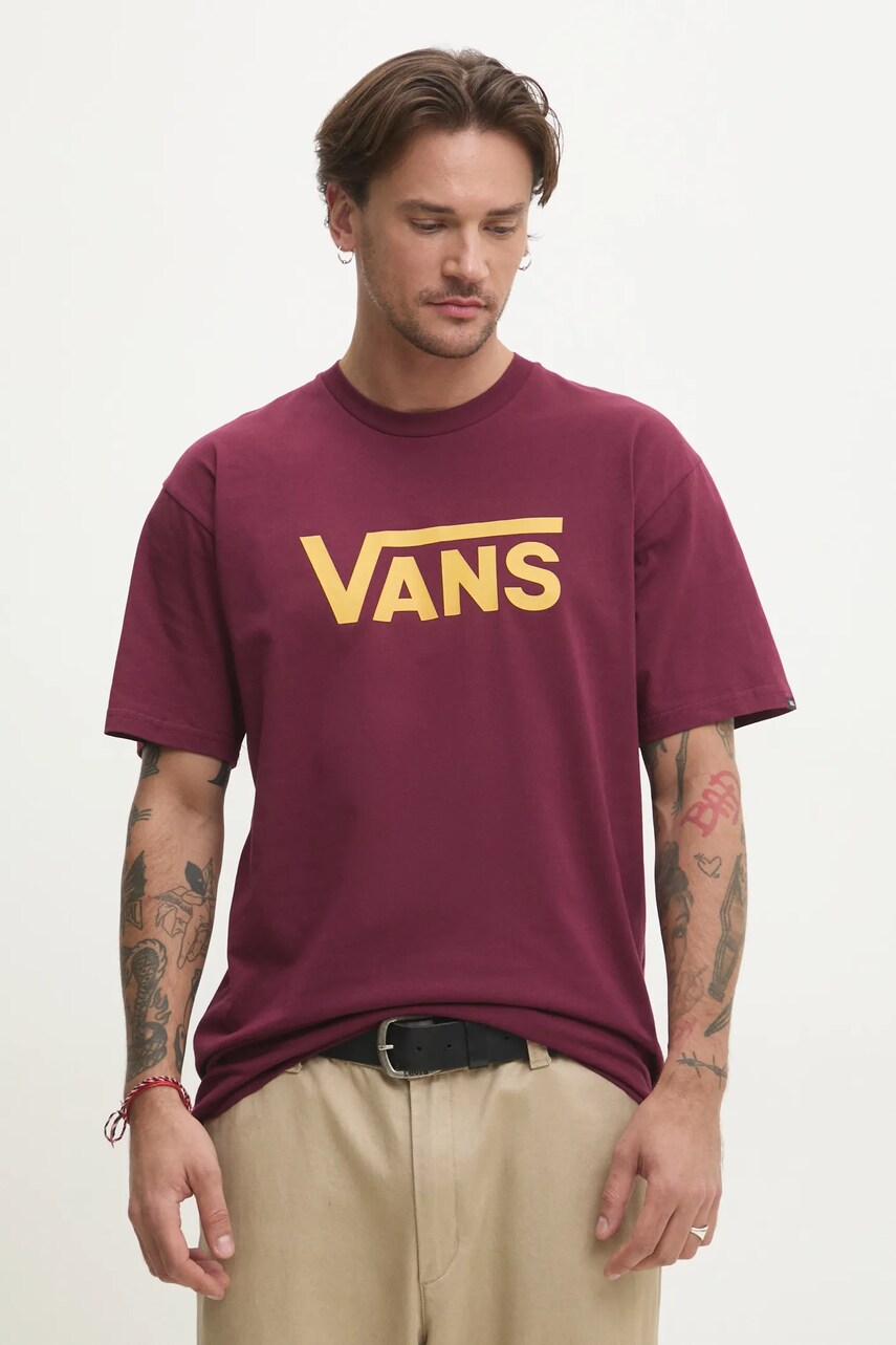 Levně Bavlněné tričko Vans vínová barva, s potiskem, VN000GGGEAY1
