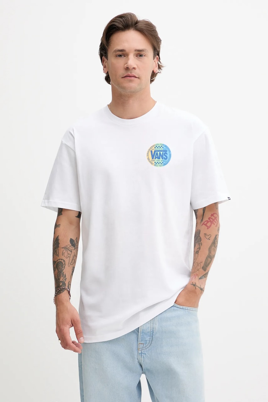 Vans tricou din bumbac culoarea alb, cu imprimeu, VN000M6RWHT1