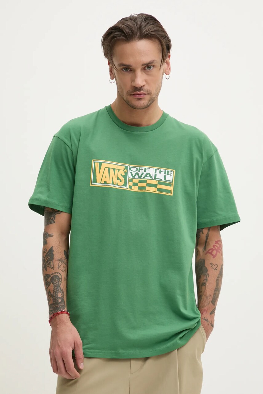 Vans tricou din bumbac barbati, culoarea verde, cu imprimeu, VN000NHMBR11